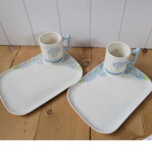 Pair of Vintage Blue Daisies Snack Trays w/ Matching Mugs - Stamped RS